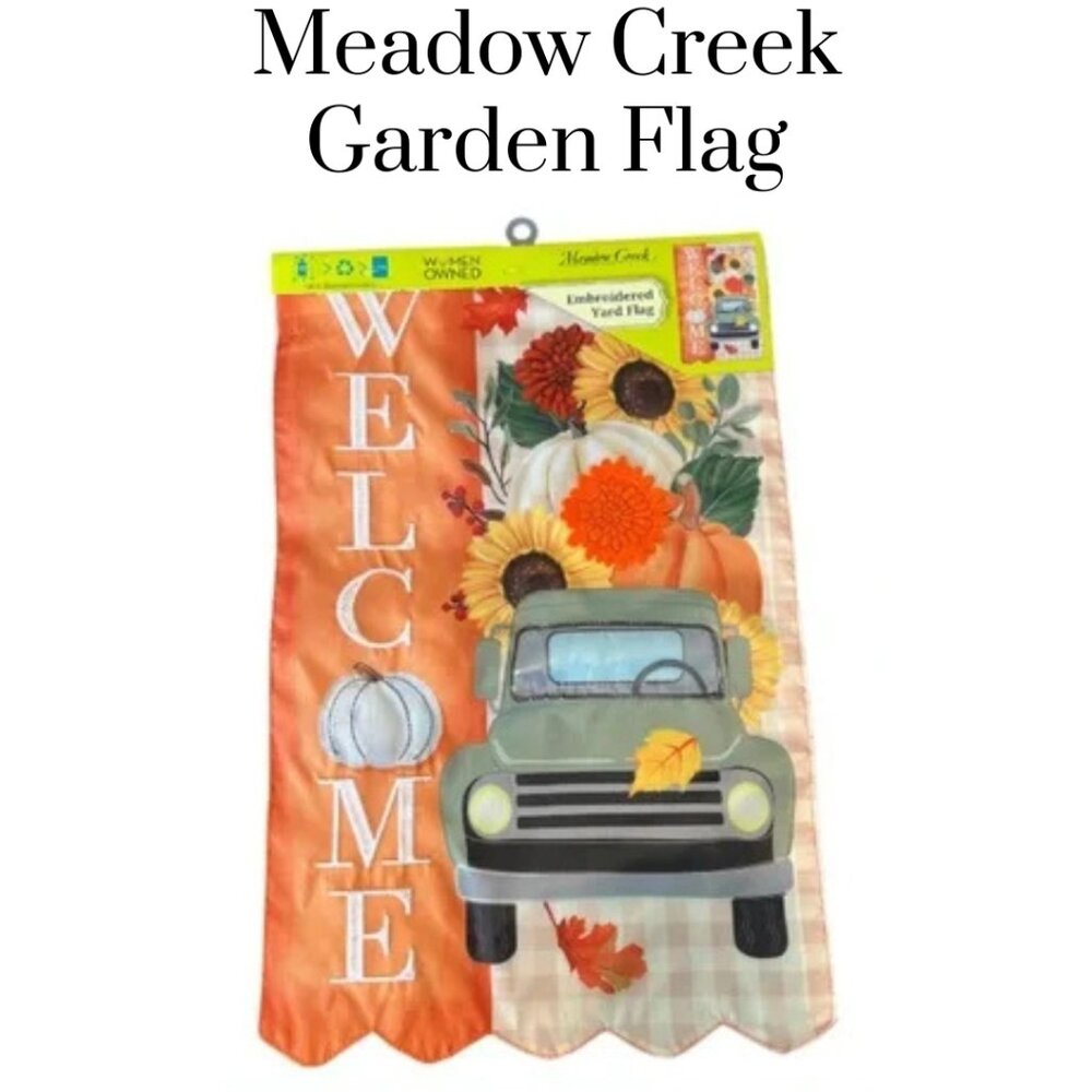 Welcome Garden Flag.  Embroidered, appliqué, hand stitched. Women owned. Fall